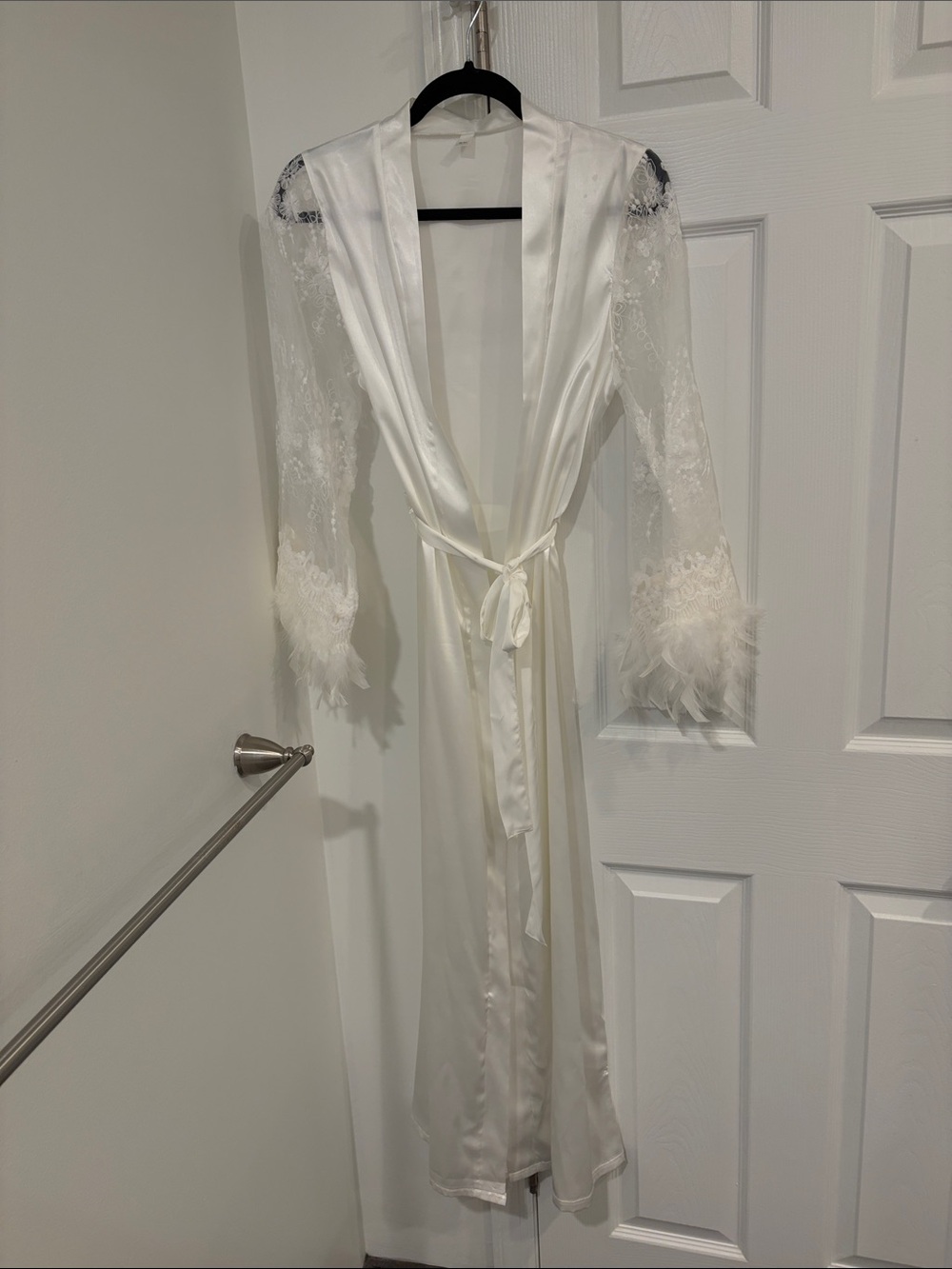 Wedding Luxury White Satin & Lace Long Robe with Feather Trim